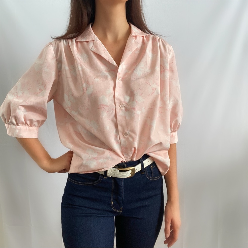 Vintage 70s home made pastel pink collared button up blouse puff sleeve - Picture 1 of 5